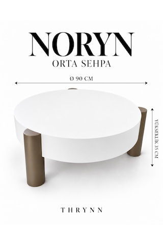Noryn Yuvarlak Orta Sehpa Çap 90cm Beyaz Ve Bonj Renk Metal Ayak 35cm Modern Tasarım Dekoratif Beyaz - Bonj19