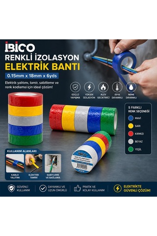 İbico İ13-027 İzolasyon Elektrik Bantı 0.15mmx18mm 6yds Mavi Sarı Beyaz Yeşil Bandı Renkli Kırmızı - 10'li Paket
