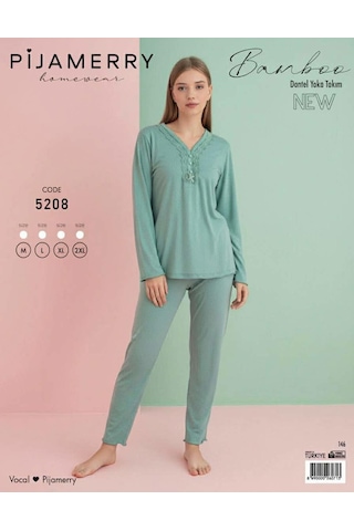 Pijamerry Kadın Bambu Baharlık Dantel Yaka Uzun Kol İnce Pijama Takımı 5208y - 1 Adet Yeşil