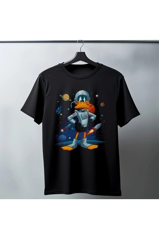 Freedom Store Duck Dodgers Uzay Baskılı Unisex Siyah Oversize Tişört - 24/1 Penye