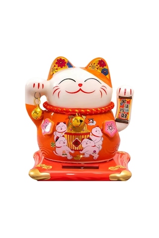 Seramik Maneki Neko Turuncu Güneş Enerjili Şans Kedisi 12cm No.4