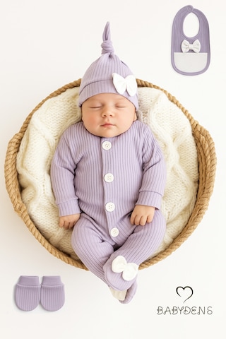 Babyden's 4 'lü Kız Bebek Fitilli Yenidoğan Bebek Tulum Seti %100 Pamuklu Hastane Çıkışı Lila