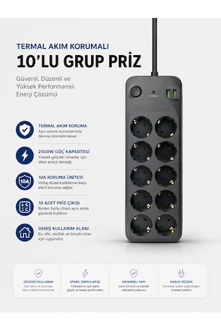 Termal Akım Korumalı Usb Type-c Girişli 10'lu Grup Priz 2500w Güç Kapasitesi Kopya 1