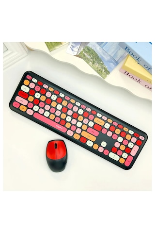 Mofıı 666 Kablosuz Klavye Mouse Seti 2.4g Retro Yuvarlak Tuşlu 110 Tuş Renkli Set Optik