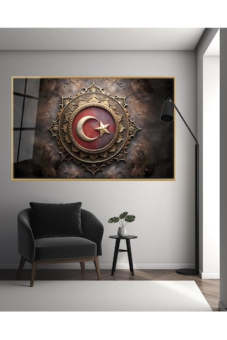 Modern Türk Bayrağı Cam Tablo Ev Ofis Makam Odası Büyük Boy Duvar Dekoru