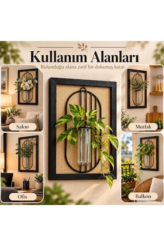 Siyah Ahşap Çerçeveli Hasır Zeminli Metal Detaylı Tüp Vazolu Dekoratif Duvar Tablosu - 21x30 Cm Çok Renkli