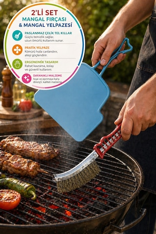 2 Li Mangal Seti Izgara Temizleme Fırçası Tel + Yelpaze Kömür Üfleme Barbekü Aksesuarı