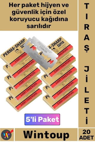 Traş Profesyonel Keskin Berber Tipi Paslanmaz Çelik Kalite Perma Sharp 5'li Tıraş Jileti 20 Paket 1 - 2 Saat