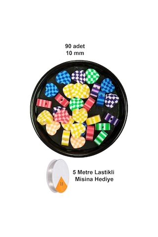 90 Adet 10 Mm Polimer Kil Fimo Boncuk Takı Bileklik + 5 Metre Lastikli Misina - Desenli Kalp