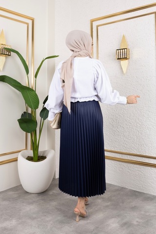 Hira Life Fashion Kadın Tesettür Giyim Ve Deri Görünümlü Beli Lastik Detayı İle Piliseli Uzun Etek Lacivert Lacivert