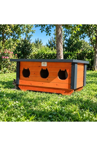 3 Yuvalı Ahşap Dış Mekan Kedi Evi
