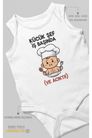 Küçük Şef İş Başında Ve Acıktı Baskılı Bebek Zıbını Çıtçıtlı Body 8 Renk %100 Pamuk Sıfır Kol Beyaz