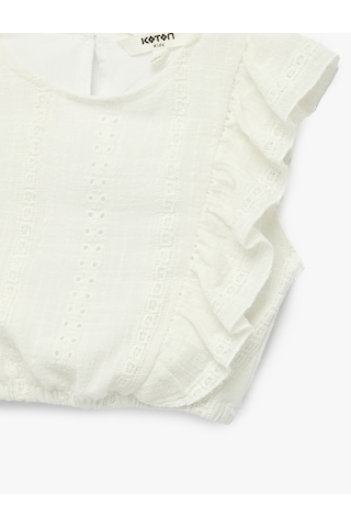 Koton Kolsuz Brodeli Beli Lastikli Bisiklet Yaka Crop Bluz Beyaz 6skg60151aw Beyaz