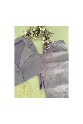 Mh Moony Homewears Kısa Kol Lila Yıldız Düğmeli Pijama Takımı Lila
