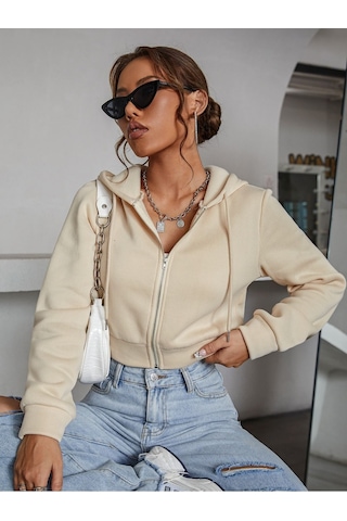 Kadın Kapüşonlu Fermuarlı Crop Hırka Sweatshirt -üç İplik Şardonlu