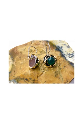 Gumusevi Yeşil Akik Taşlı Gümüş Küpe 925 Ayar El Işi N11.96536