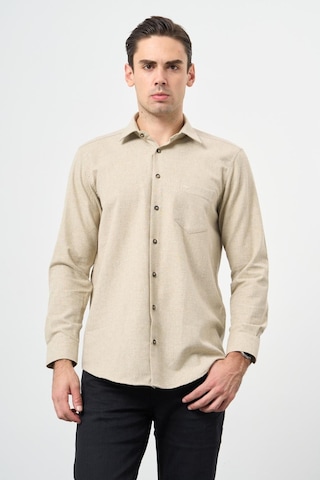 Açık Bej Uzun Kol Düz Gabardin Sert Yaka Cepli Pamuklu Classic Comfort Fit Gömlek 1004245168 Açık Bej