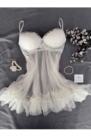 Mh Moony Homewears Stevemade Seksi Taş Detaylı Gecelik Iç Giyim Seti Ekru