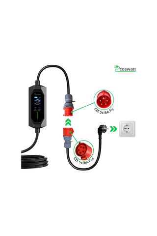 Coswatt Taşınabilir EV Şarj Cihazı CS-P3-16A / 11kW / 5m / Türkçe / 380V AC / Tip-2 / 5x16A CEE / Ev Tipi Dönüştürücü / Çanta