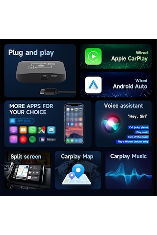 Pazly Kablosuz Araç Adaptörü - Carplay & Android Auto, Bt 5.0 & Wi-fi, Çoklu Ekran & Ses Asistanı