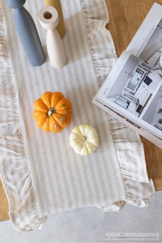 Bej Çizgili 40x125 Cm Vintage Fırfırlı %100 Keten Pamuklu Amerikan Runner Bej