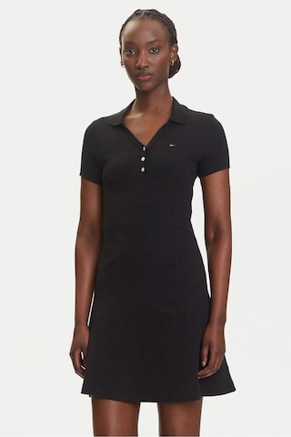 Tommy Hilfiger Kadın Polo Yaka Fit & Flare Kesim Fitilli Elbise - Siyah-8677 Triple Black