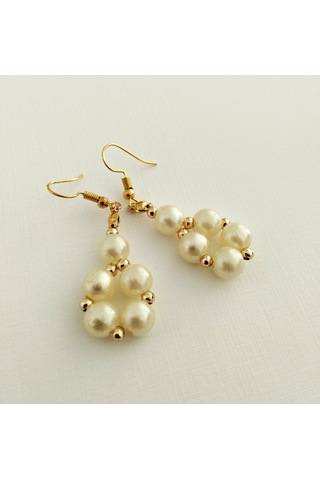 K204 İncili Sallantılı Küpe Altın - Beyaz