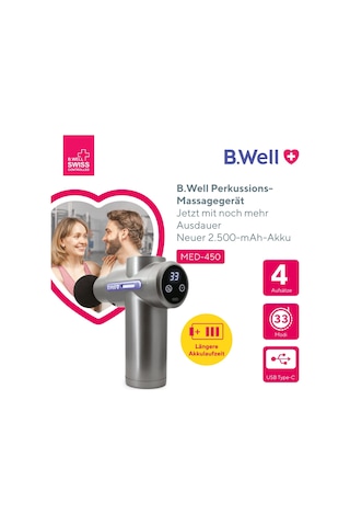 B.well Swiss Med-450 Masaj Tabancası, 33 Hız Seviyeli Elektrikli Kas Perküsyon Masajı, 4 Masaj Başlığı, 2.500 Mah Pil, Otomatik Kapanma Ve Usb-c Şarj Kablosu