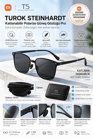 Xiaomi Ts Katlanır Polarize Güneş Gözlüğü Pro 13mm Ultra İnce 23g Tac Uv400 Metal Siyah Unisex Sm101-0120