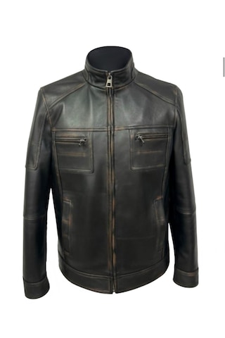 Viamod Leather Erkek Siyah Hakim Yaka Deri Mont %100 Saf Deri Eskitme Görünümlü Fermuarlı Kışlık Ceket Petro Eskitme Siyah