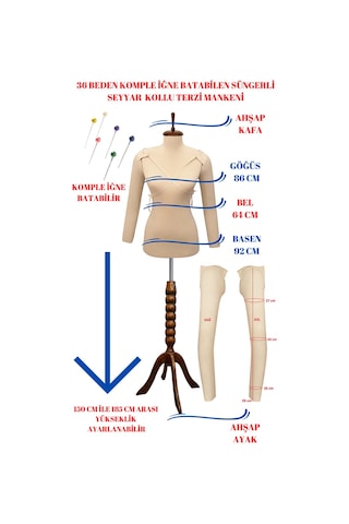 Dikiş Seti Seyyar Kollu 36 Beden İğne Batan Terzi Prova Mankeni