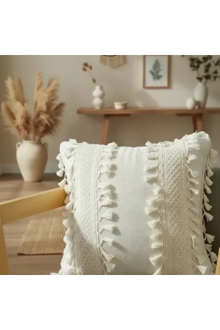 Özel Tasarım Ham Kalın Dantelli Keten Kırlent 2 Adet Kırlent Kılıfı 43 X 43 Krem