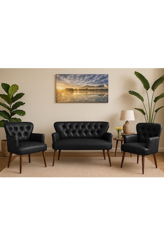 Roma Modern Koltuk Takımı - Deri Kumaş - Ofis Takımı - Siyah