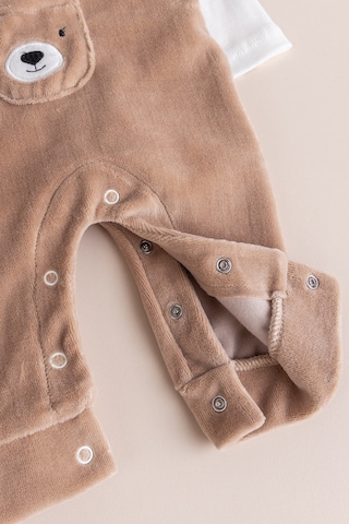 Fiğürlü Kışlık Kadife Erkek Bebek Salopet Tulum Set Kahverengi