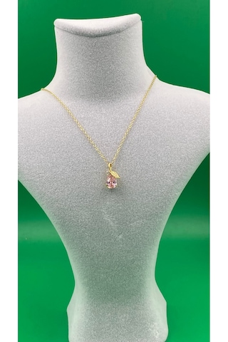 Gold Renk Pembe Çiçek Model Zirkon Taşlı Kadın Çelik Kolye Altın
