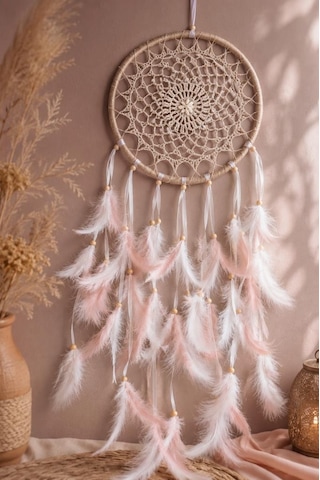 Led Işıklı Düş Kapanı Pudra Beyaz Tüylü Bohem Duvar Süsü 22 Cm El Yapımı Dream Catcher Deniz Kabuklu