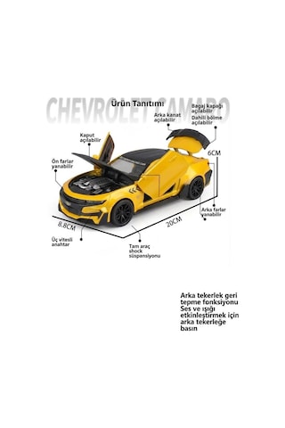 Işıklı Sesli Pilli 1:24 Ölçekli Metal Chevrolet Camaro Kapısı Kaputu Ve Bagajı Açılan Model Araba Sarı