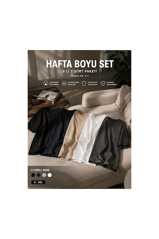 Masion Rae Erkek 5'li Basic Tişört Seti Regular Fit Bisiklet Yaka %100 Pamuk 30/1 Süprem Siyah-beyaz-lacivert-antrasit-bej