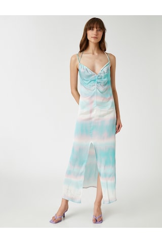 Koton V Yaka Saten Elbise Tie-die Mavi Desenli 1yak84787fw Mavi