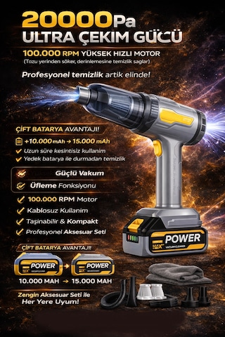 20000pa Çift Bataryalı 120w Araç İçi Süpürge 2in1 Vakum Üfleme 100.000rpm Kablosuz Güçlü 20000pa İki Bataryalı