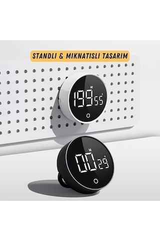 Rt-1 Mıknatıslı Rotary Zamanlayıcı 0-199 İleri Geri Sayım Kronometre, Ayaklı Stand, Led Ekran, Usb-c Şarjlı, Pomodoro & Mutfak Timer Beyaz