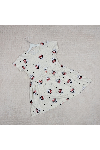 Momikon Minnie Mouse Desenli Fiyonk Detaylı Pamuklu Kız Çocuk Elbise Krem