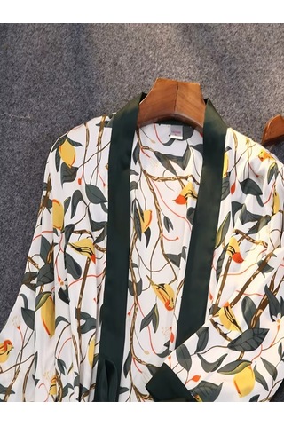 Ece's Design 5 Parça Lüks Saten Pijama Gecelik Takımı Çiçek Desenli Sabahlık Robe Kadın İç Giyim Seti W2013 Yeşil