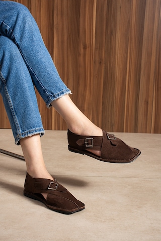 Duxal Shoes Cooper İçi Hakiki Deri Süet Kadın Sandalet Tokalı Günlük Rahat Ayakkabı - Babet Acıkahve