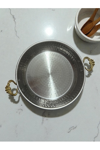 2 Li Krom Sahan Tavası Seti Gold Kulplu Dayanıklı Ve Şık Tasarım 21 Cm Gümüş