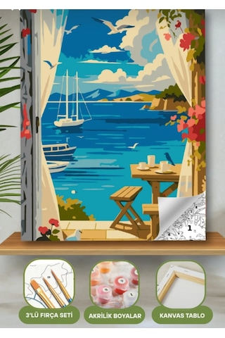 Denic Sayılarla Boyama Seti 40x50 Cm (Çıtalı) Fırça Boya Dahil Numaralı Tuval Gemi Manzara