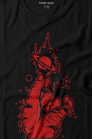 Kendim Seçtim Uzayda El Satürn Halkaları Çizimli Lolipop Hellfire Ateş Baskılı Tişört Çocuk T-shirt 001