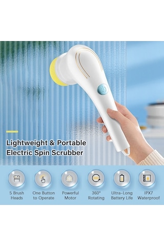 Novahub 5 Fırça Başlıklı Şarjlı Temizleyici - Beyaz, Yer, Banyo, Mutfak İçin Multifonksiyonel Beyaz