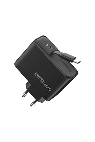 Gan Teknolojili Hızlı Şarj Başlığı Recci Rc102e Usb-a To Type-c Pd 40w Type-c Kablolu Şarj Set Siyah