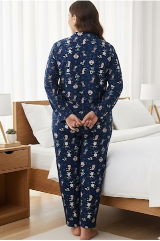 Siyah İnci Curve Büyük Beden Battal Boy Düğmeli Pamuklu Pijama Takımı 7617 Lacivert Penguenli